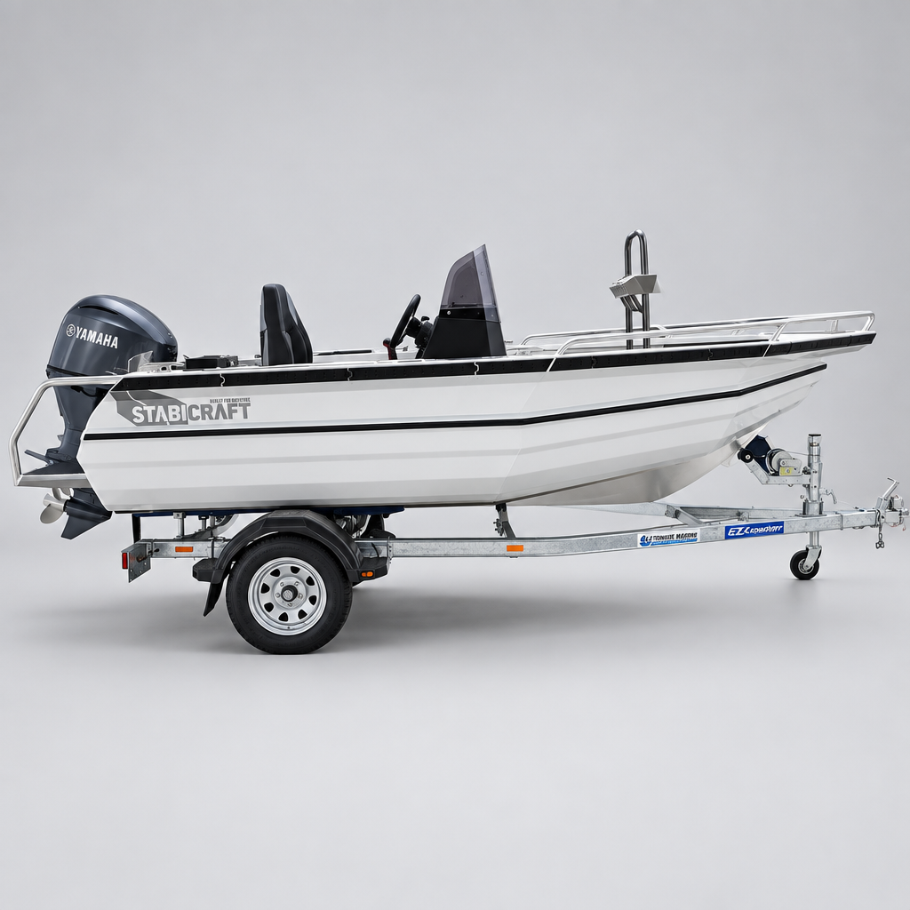 A white Starcraft boat on a trailer parked outdoors in front of a Yamaha dealership building.