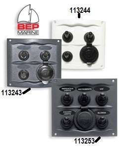 Marinco® BEP Splash Proof Switch Fuse Panels - 3 Gang plus Power Socket Grey (Part No.: 113243)