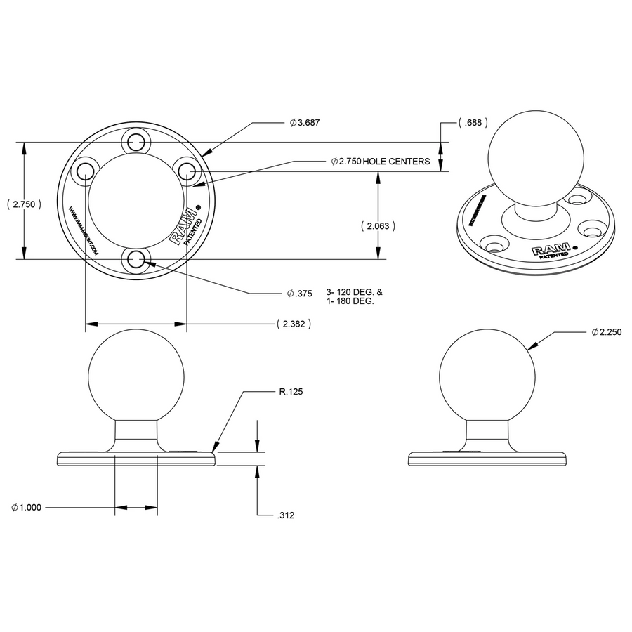 RAM Mounts Large Round Plate with Ball - D Size 2.25''